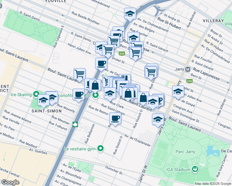 map of restaurants, bars, coffee shops, grocery stores, and more near 8557 Boulevard Saint-Laurent in Montréal