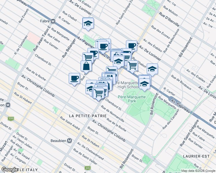 map of restaurants, bars, coffee shops, grocery stores, and more near 1381 Rue Beaubien Est in Montréal