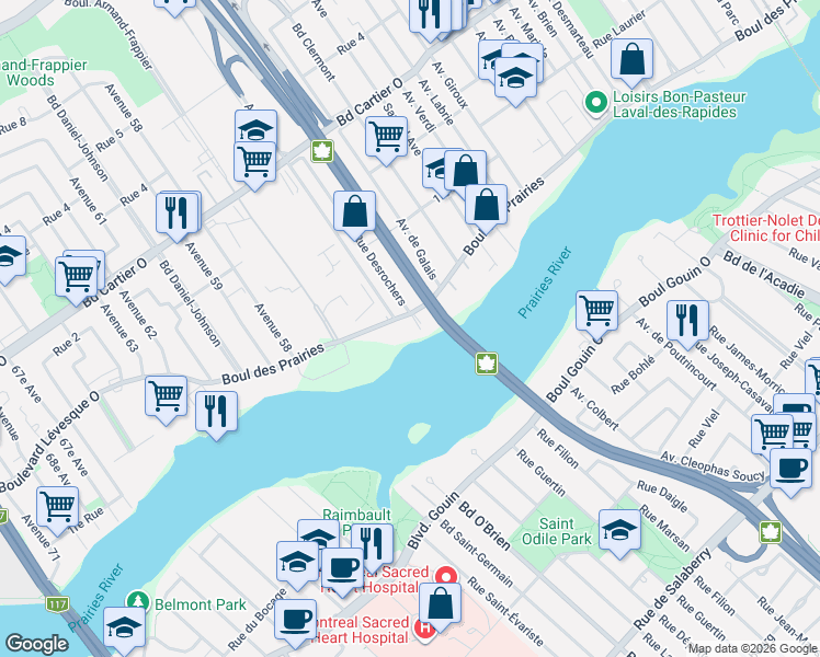 map of restaurants, bars, coffee shops, grocery stores, and more near 502 Boulevard des Prairies in Laval