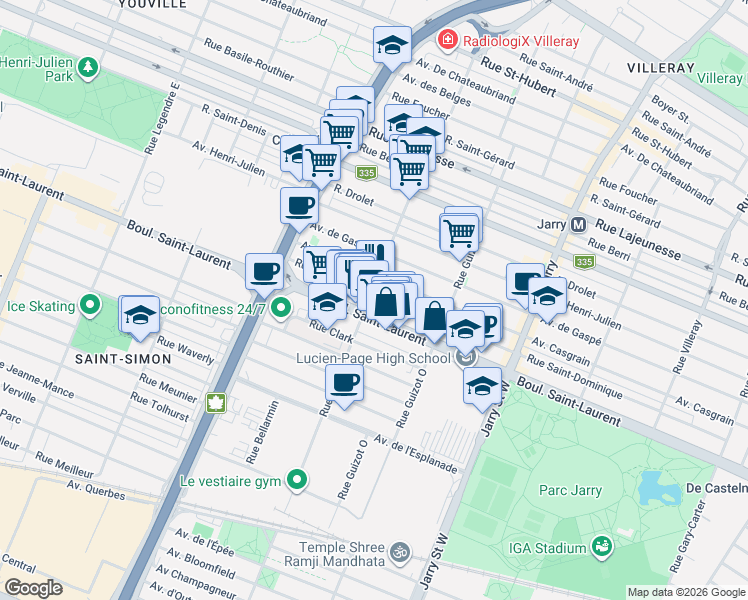 map of restaurants, bars, coffee shops, grocery stores, and more near 8492 Rue Saint-Dominique in Montréal