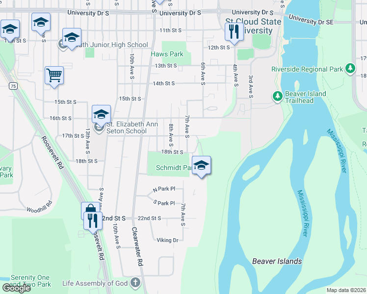 map of restaurants, bars, coffee shops, grocery stores, and more near 702 17th Street South in St. Cloud