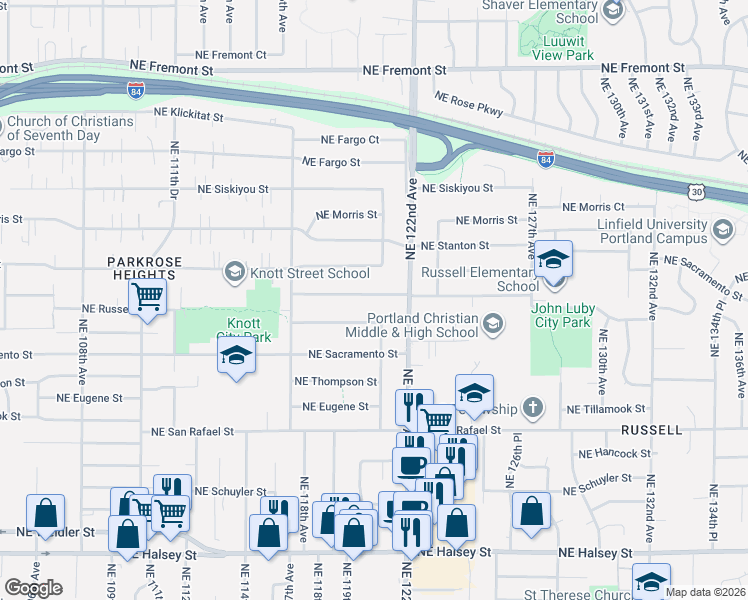 map of restaurants, bars, coffee shops, grocery stores, and more near 12030 Northeast Russell Street in Portland