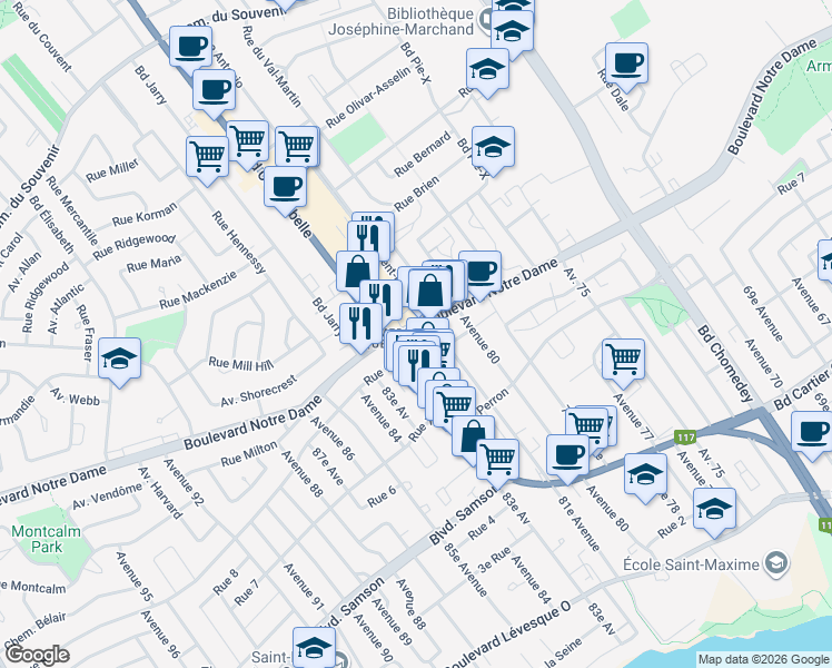 map of restaurants, bars, coffee shops, grocery stores, and more near in Laval