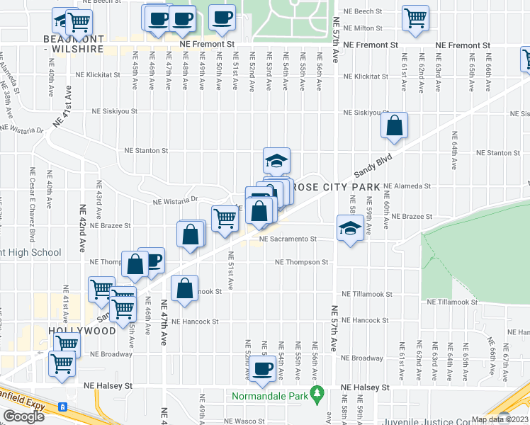 map of restaurants, bars, coffee shops, grocery stores, and more near 5244 Northeast Wistaria Drive in Portland