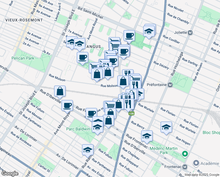 map of restaurants, bars, coffee shops, grocery stores, and more near 4100 Rue Molson in Montréal