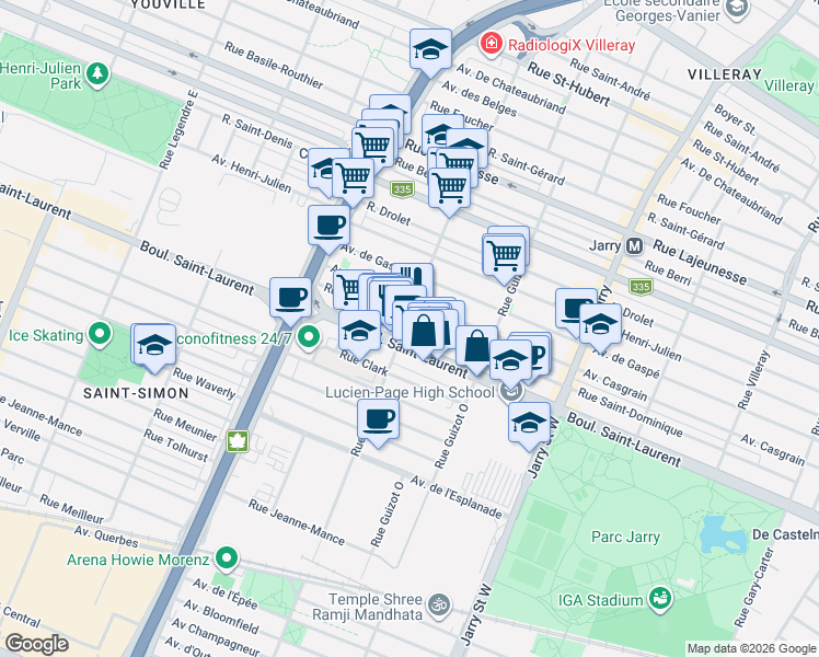 map of restaurants, bars, coffee shops, grocery stores, and more near 8492 Rue Saint-Dominique in Montréal