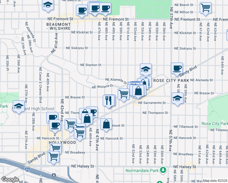 map of restaurants, bars, coffee shops, grocery stores, and more near 2532 Northeast 49th Avenue in Portland