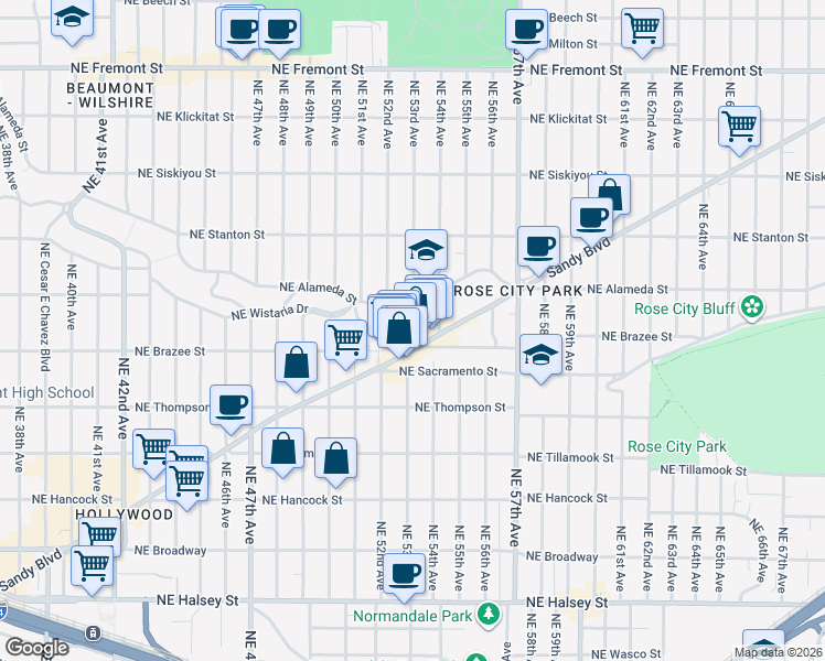 map of restaurants, bars, coffee shops, grocery stores, and more near 5248 Northeast Wistaria Drive in Portland