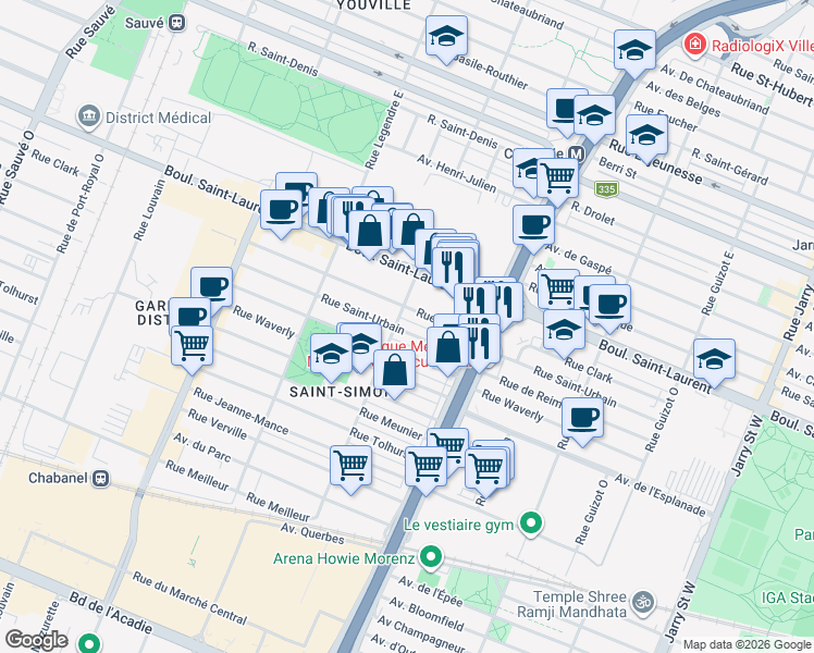 map of restaurants, bars, coffee shops, grocery stores, and more near 8877 Rue Saint-Urbain in Montréal