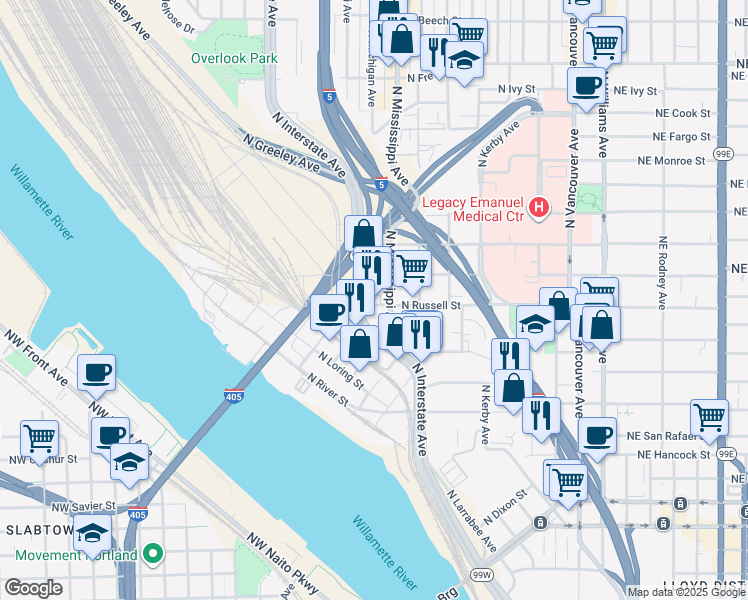 map of restaurants, bars, coffee shops, grocery stores, and more near 927 North Russell Street in Portland