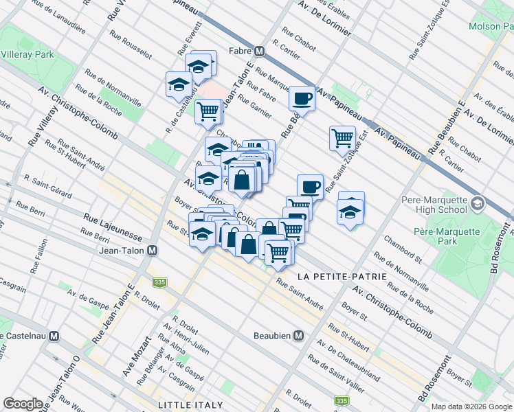 map of restaurants, bars, coffee shops, grocery stores, and more near 6892 Rue de la Roche in Montreal