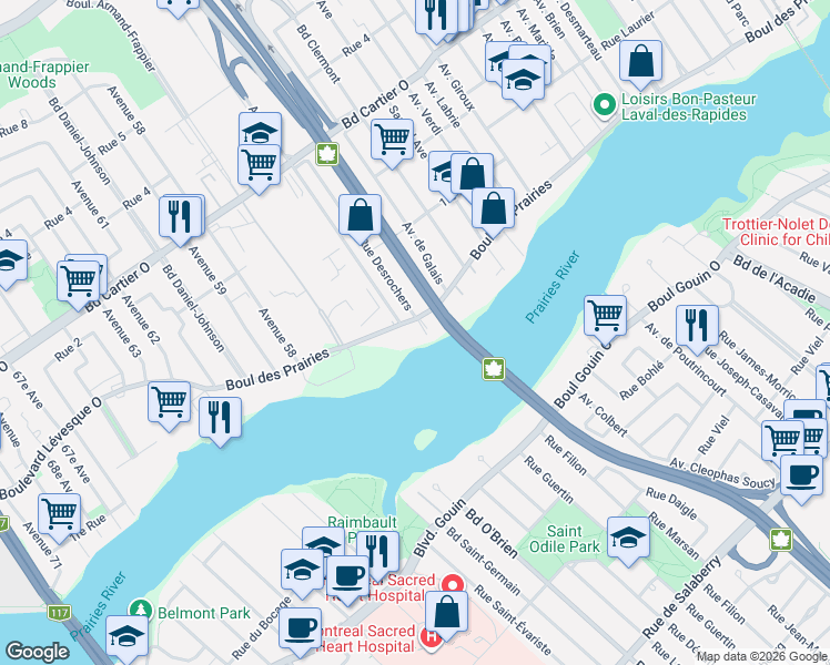 map of restaurants, bars, coffee shops, grocery stores, and more near 504 Boulevard des Prairies in Laval