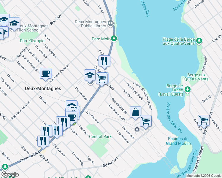 map of restaurants, bars, coffee shops, grocery stores, and more near 144 8e Avenue in Deux-Montagnes