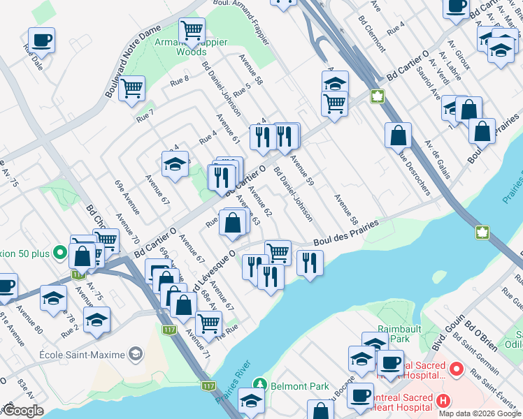 map of restaurants, bars, coffee shops, grocery stores, and more near 304 62e Av in Laval