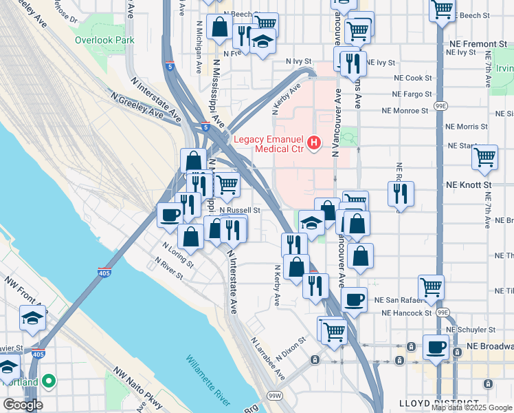 map of restaurants, bars, coffee shops, grocery stores, and more near 2624 N Borthwick Ave in Portland