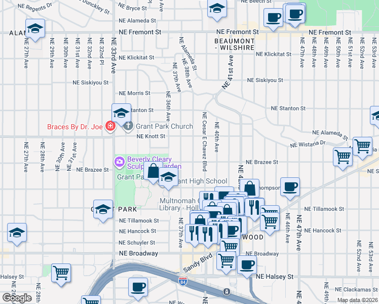 map of restaurants, bars, coffee shops, grocery stores, and more near 2535 Northeast 38th Avenue in Portland