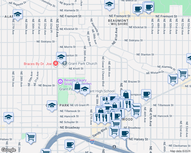 map of restaurants, bars, coffee shops, grocery stores, and more near 2535 Northeast 38th Avenue in Portland