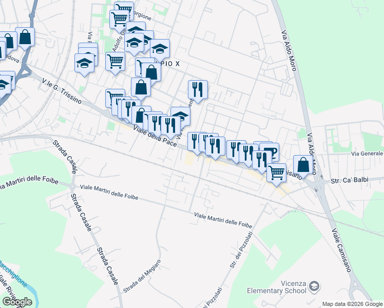 map of restaurants, bars, coffee shops, grocery stores, and more near 236 Viale della Pace in Vicenza
