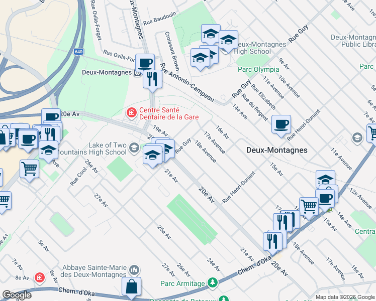 map of restaurants, bars, coffee shops, grocery stores, and more near 345 19e Avenue in Deux-Montagnes