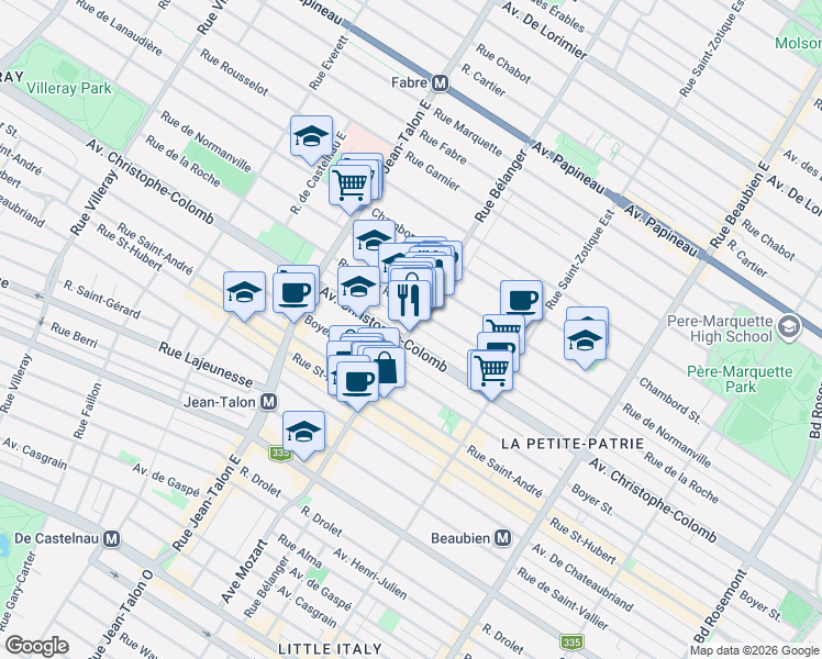 map of restaurants, bars, coffee shops, grocery stores, and more near 1111 Rue Bélanger in Montréal