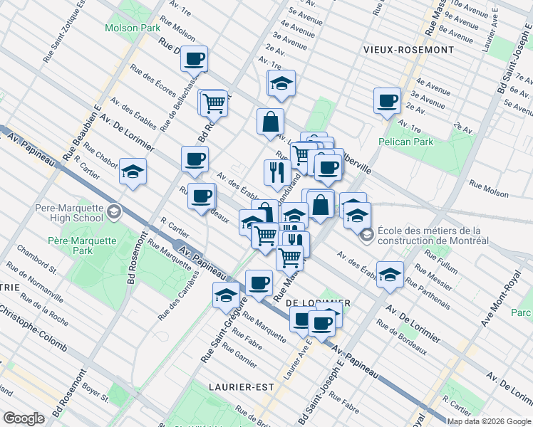 map of restaurants, bars, coffee shops, grocery stores, and more near 2145 Rue Dandurand in Montréal
