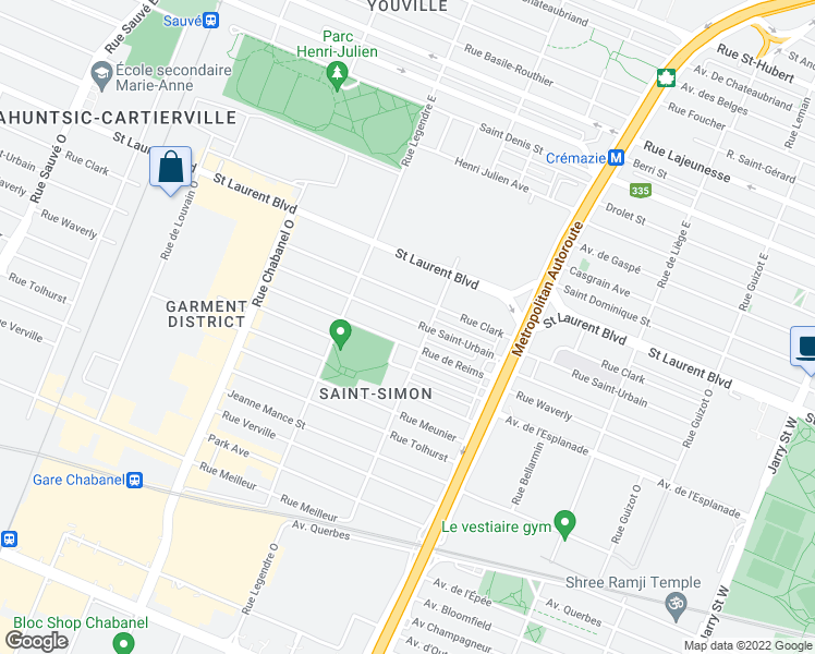 map of restaurants, bars, coffee shops, grocery stores, and more near 8950 Rue Saint-Urbain in Montréal