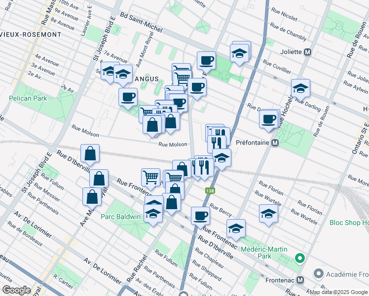map of restaurants, bars, coffee shops, grocery stores, and more near 4056 Rue Molson in Montréal