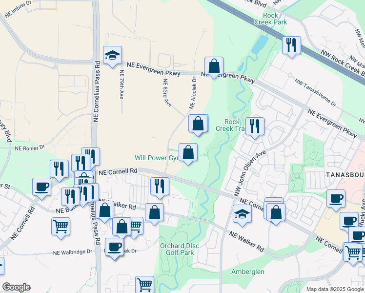 map of restaurants, bars, coffee shops, grocery stores, and more near 3030 Northeast Aloclek Drive in Hillsboro