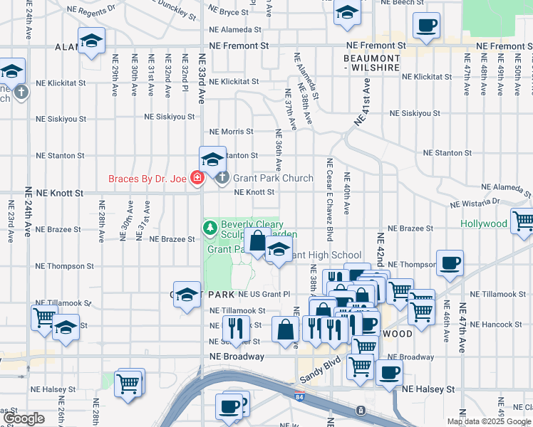 map of restaurants, bars, coffee shops, grocery stores, and more near 3560 Northeast Hollyrood Court in Portland