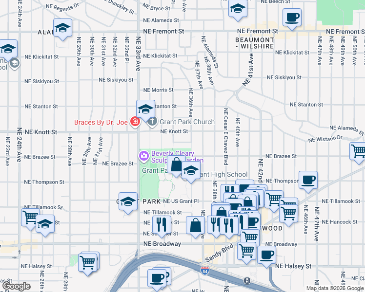 map of restaurants, bars, coffee shops, grocery stores, and more near 3575 Northeast Hollyrood Court in Portland