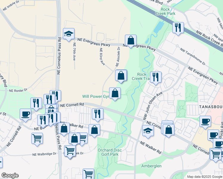 map of restaurants, bars, coffee shops, grocery stores, and more near 3030 Northwest Aloclek Drive in Hillsboro