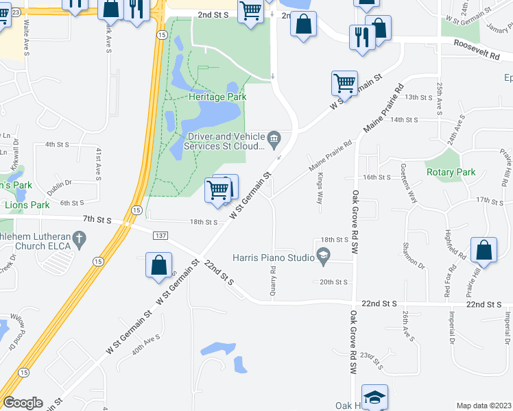 map of restaurants, bars, coffee shops, grocery stores, and more near 3341 West Saint Germain Street in St. Cloud