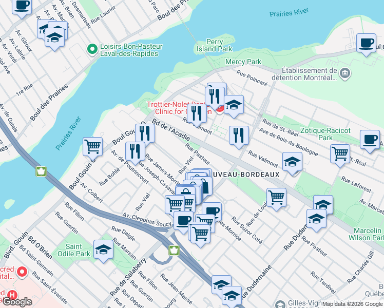 map of restaurants, bars, coffee shops, grocery stores, and more near 12102 Rue Pasteur in Montréal