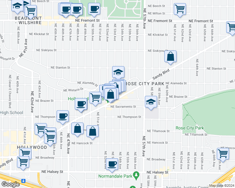 map of restaurants, bars, coffee shops, grocery stores, and more near 5308 Northeast Wistaria Drive in Portland