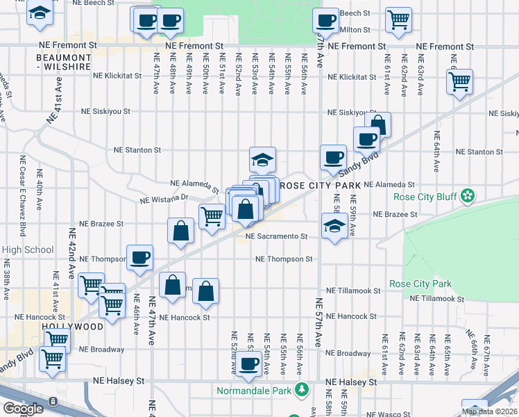 map of restaurants, bars, coffee shops, grocery stores, and more near 5306 Northeast Wistaria Drive in Portland
