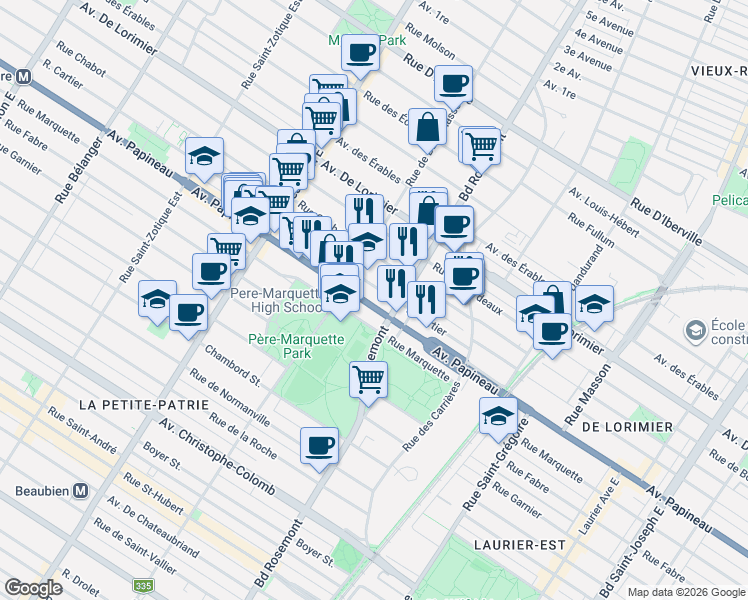 map of restaurants, bars, coffee shops, grocery stores, and more near 5963 Avenue Papineau in Montréal