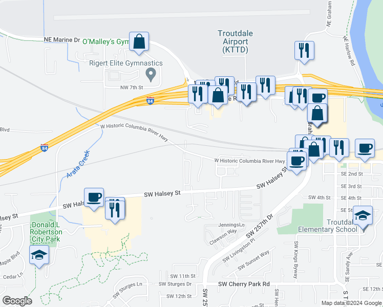 map of restaurants, bars, coffee shops, grocery stores, and more near 1230 West Historic Columbia River Highway in Troutdale