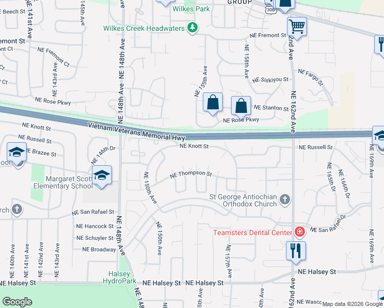 map of restaurants, bars, coffee shops, grocery stores, and more near 15420 Northeast Knott Street in Portland