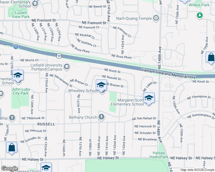 map of restaurants, bars, coffee shops, grocery stores, and more near 14004 Northeast Brazee Street in Portland