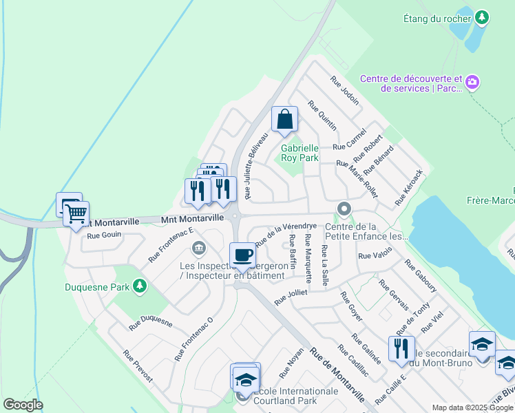 map of restaurants, bars, coffee shops, grocery stores, and more near 99 Rue Juliette-Béliveau in Saint-Bruno-de-Montarville