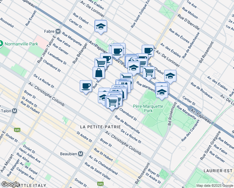 map of restaurants, bars, coffee shops, grocery stores, and more near 6533 Rue de Lanaudière in Montréal