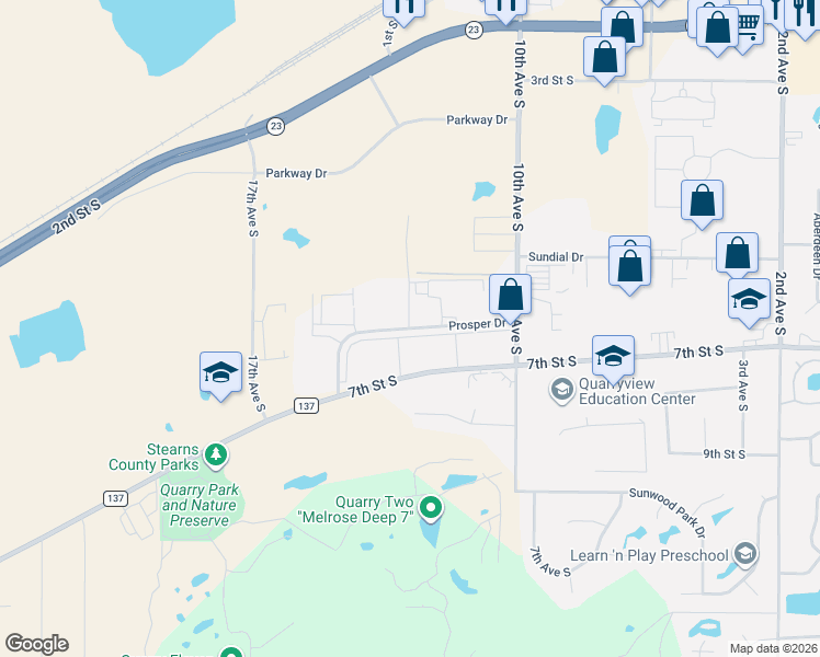 map of restaurants, bars, coffee shops, grocery stores, and more near 1151 Prosper Drive in Waite Park