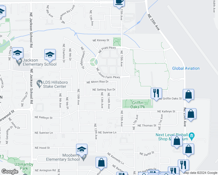 map of restaurants, bars, coffee shops, grocery stores, and more near 1401 Northeast Setting Sun Drive in Hillsboro