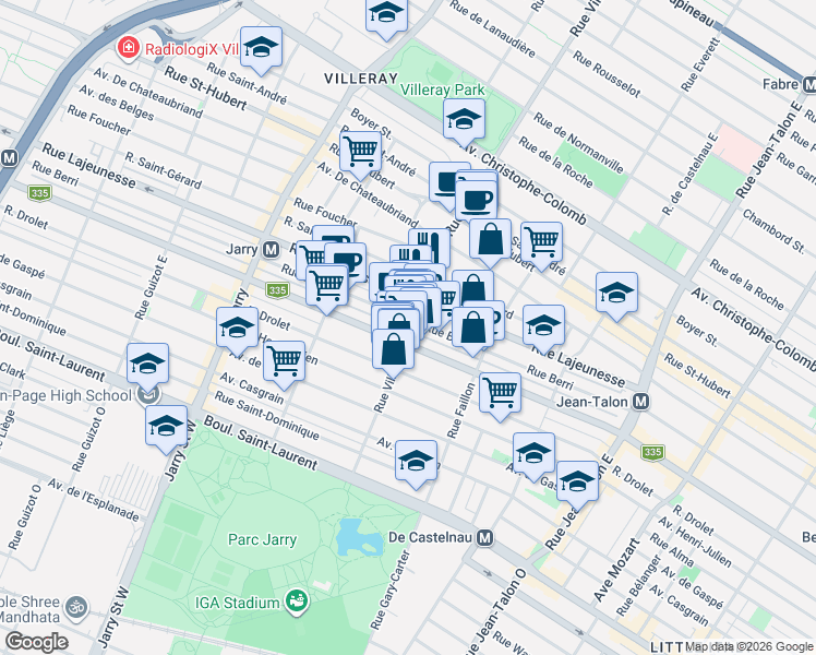 map of restaurants, bars, coffee shops, grocery stores, and more near 425 Rue Villeray in Montréal