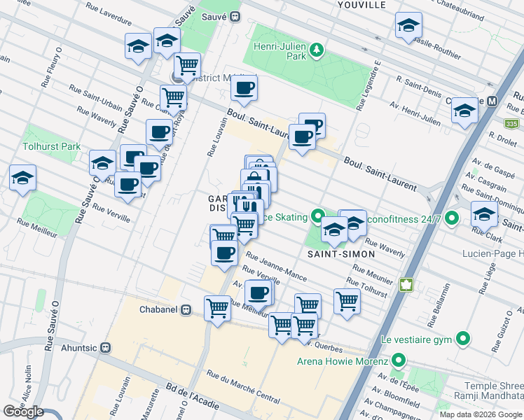 map of restaurants, bars, coffee shops, grocery stores, and more near 194 Rue Chabanel Ouest in Montréal