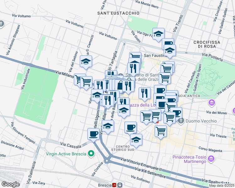 map of restaurants, bars, coffee shops, grocery stores, and more near 1-27 Vicolo del Laghetto in Brescia