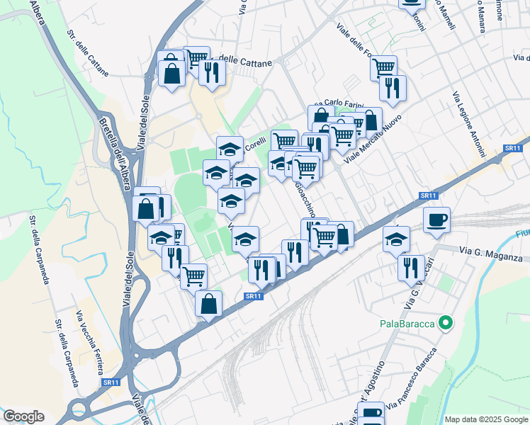 map of restaurants, bars, coffee shops, grocery stores, and more near Via Arrigo Boito in Vicenza