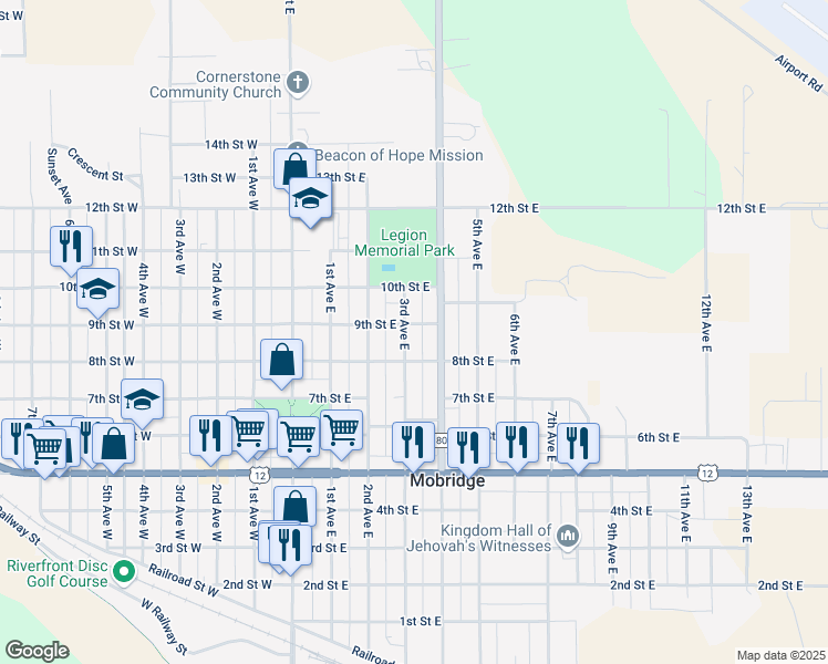 map of restaurants, bars, coffee shops, grocery stores, and more near 400-498 9th Street East in Mobridge