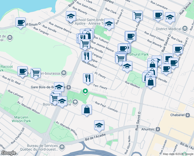 map of restaurants, bars, coffee shops, grocery stores, and more near 10479 Place Prieur in Montréal