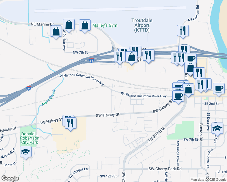 map of restaurants, bars, coffee shops, grocery stores, and more near 1344 West Historic Columbia River Highway in Troutdale